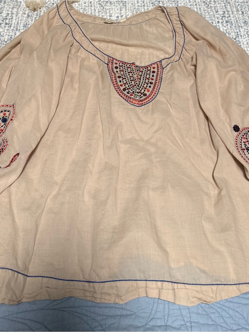 Embroidered Neutral Beige Women's Peasant Top
